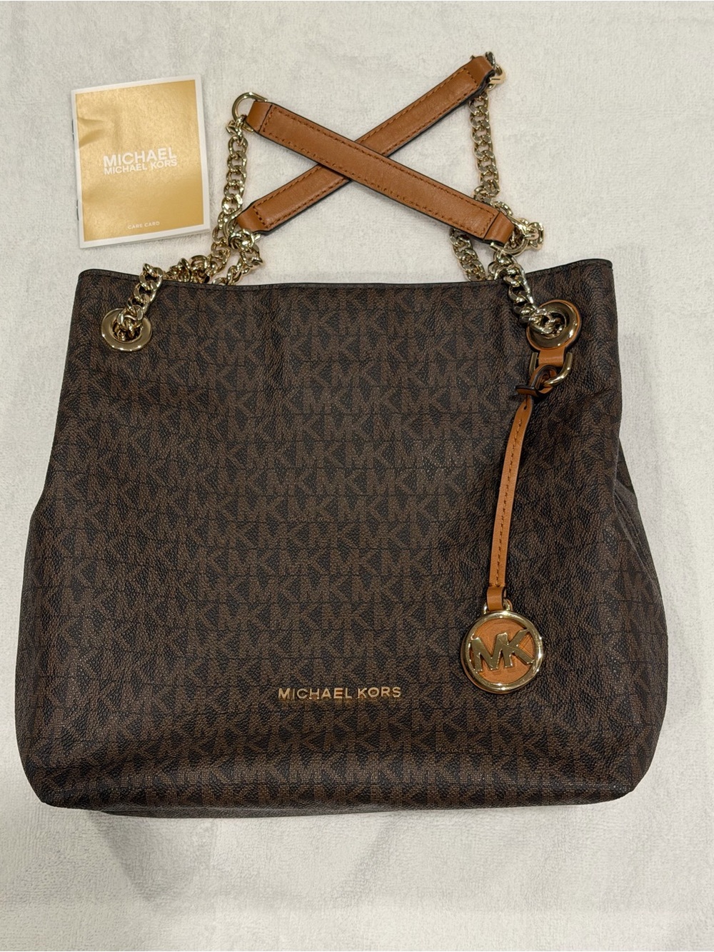 Michael Kors Brown MK Monogram Chain-Handle Tote with Gold Hardware
